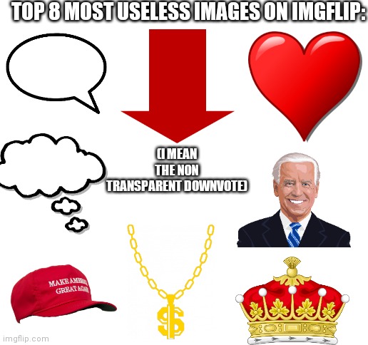 In my opinion | TOP 8 MOST USELESS IMAGES ON IMGFLIP:; (I MEAN THE NON TRANSPARENT DOWNVOTE) | image tagged in blank white template | made w/ Imgflip meme maker