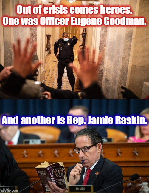 This man buried his son the day before the attack. His service will be remembered for as long as our Republic endures. | Out of crisis comes heroes. One was Officer Eugene Goodman. And another is Rep. Jamie Raskin. | image tagged in eugene goodman,rep jamie raskin,heroes,capitol hill,riot,trump impeachment | made w/ Imgflip meme maker
