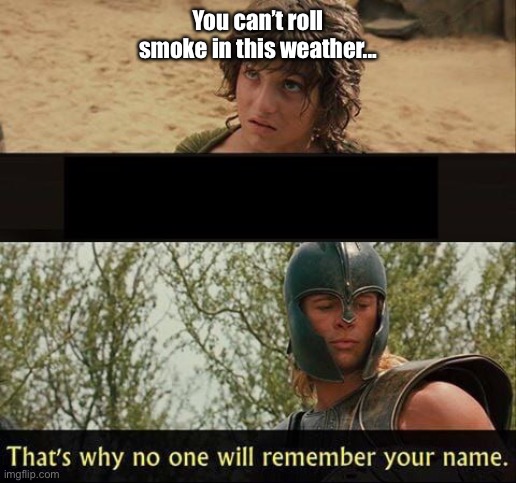 Troy no one will remember your name | You can’t roll smoke in this weather... | image tagged in troy no one will remember your name | made w/ Imgflip meme maker