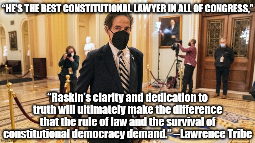 Anti-cringe at a man who is saving democracy. | “HE’S THE BEST CONSTITUTIONAL LAWYER IN ALL OF CONGRESS,”; “Raskin’s clarity and dedication to truth will ultimately make the difference that the rule of law and the survival of constitutional democracy demand.” --Lawrence Tribe | image tagged in rep jamie raskin,trump impeachment,impeachment | made w/ Imgflip meme maker