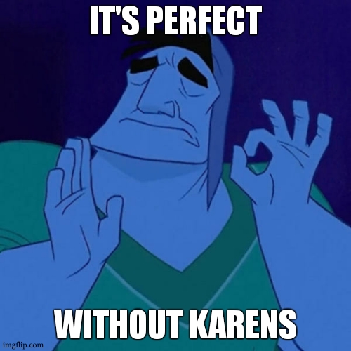 Pacha perfect | IT'S PERFECT WITHOUT KARENS | image tagged in pacha perfect | made w/ Imgflip meme maker