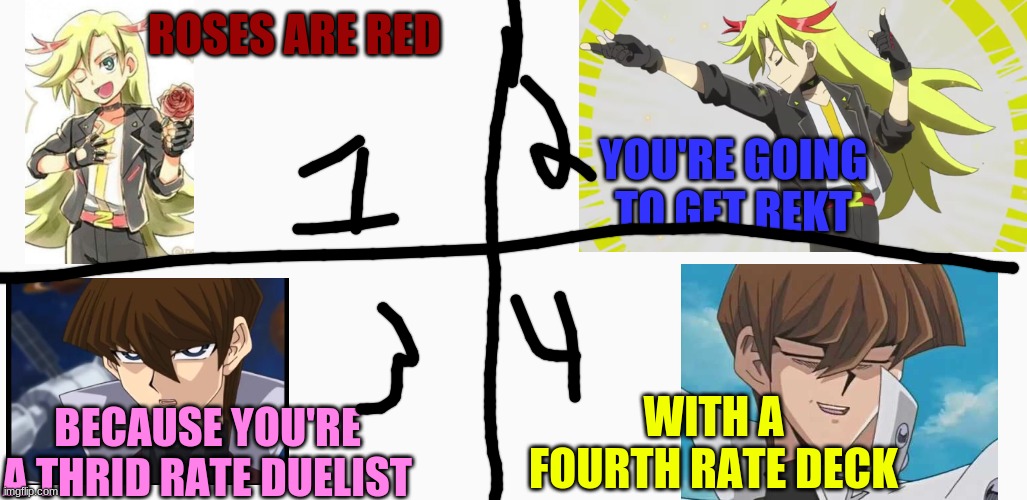 Zac the Sunrise and Seto Kaiba | ROSES ARE RED; YOU'RE GOING TO GET REKT; WITH A FOURTH RATE DECK; BECAUSE YOU'RE A THRID RATE DUELIST | image tagged in i got the original meme from google | made w/ Imgflip meme maker
