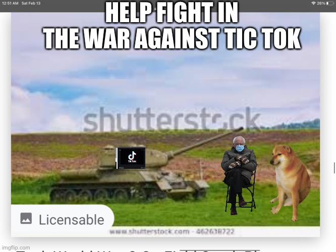 Enlist Now to fight for your memes | HELP FIGHT IN THE WAR AGAINST TIC TOK | image tagged in tik tok sucks,cheems,bernie sanders,tank | made w/ Imgflip meme maker