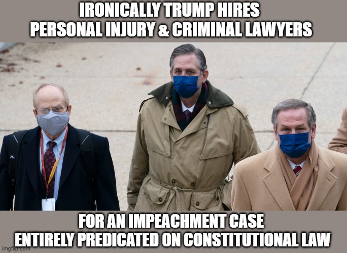 Trump's 3 legal stooges vs Constitutional scholars has predictable results | IRONICALLY TRUMP HIRES  
PERSONAL INJURY & CRIMINAL LAWYERS; FOR AN IMPEACHMENT CASE 
ENTIRELY PREDICATED ON CONSTITUTIONAL LAW | image tagged in trump,impeachment | made w/ Imgflip meme maker