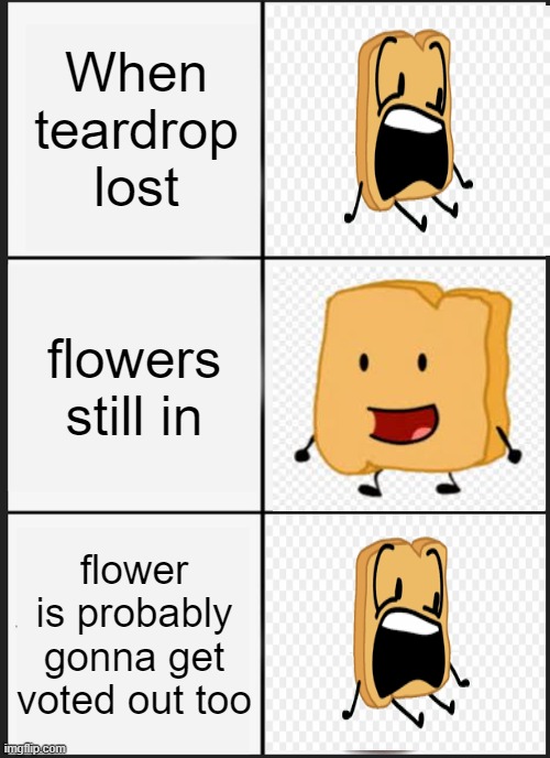 BFB |  When teardrop lost; flowers still in; flower is probably gonna get voted out too | image tagged in memes,panik kalm panik | made w/ Imgflip meme maker