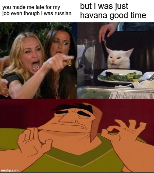 Woman Yelling At Cat | you made me late for my job even though i was russian; but i was just havana good time | image tagged in memes,woman yelling at cat | made w/ Imgflip meme maker