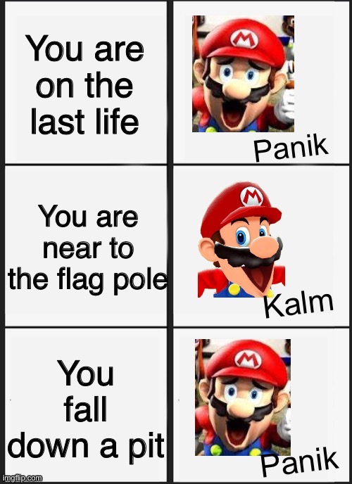 PANIK | You are on the last life; You are near to the flag pole; You fall down a pit | image tagged in mario smg4 panik kalm panik,mario,super mario,nintendo,fall,memes | made w/ Imgflip meme maker