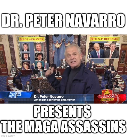 Dr. Peter Navarro presents the MAGA assassins! | DR. PETER NAVARRO; PRESENTS 
THE MAGA ASSASSINS | image tagged in trump impeachment,impeachment,election 2020,election fraud,president trump,republican party | made w/ Imgflip meme maker