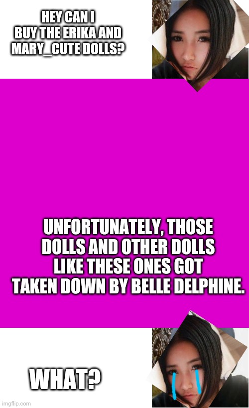 Bad news! Dolls taken down! So disappointed | HEY CAN I BUY THE ERIKA AND MARY_CUTE DOLLS? UNFORTUNATELY, THOSE DOLLS AND OTHER DOLLS LIKE THESE ONES GOT TAKEN DOWN BY BELLE DELPHINE. WHAT? | image tagged in disappointed black guy,memes,blank transparent square,mary_cute,erika | made w/ Imgflip meme maker