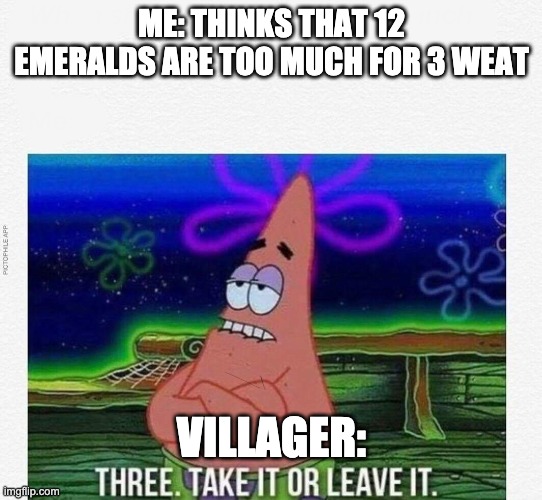3 take it or leave it | ME: THINKS THAT 12 EMERALDS ARE TOO MUCH FOR 3 WEAT; VILLAGER: | image tagged in 3 take it or leave it | made w/ Imgflip meme maker