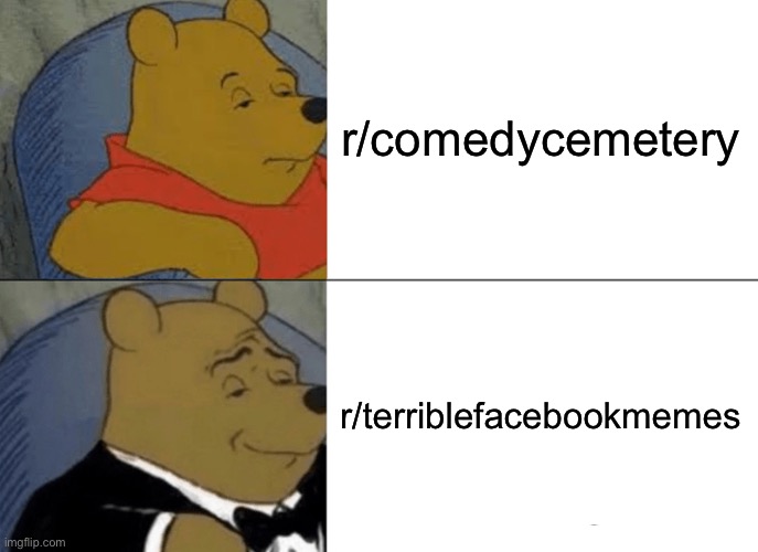 Tuxedo Winnie The Pooh | r/comedycemetery; r/terriblefacebookmemes | image tagged in memes,tuxedo winnie the pooh | made w/ Imgflip meme maker