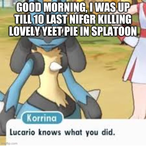 Lucario | GOOD MORNING, I WAS UP TILL 10 LAST NIFGR KILLING LOVELY YEET PIE IN SPLATOON | image tagged in lucario | made w/ Imgflip meme maker