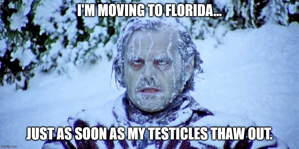 Cold AF | I'M MOVING TO FLORIDA... JUST AS SOON AS MY TESTICLES THAW OUT. | image tagged in jack nicholson the shining snow | made w/ Imgflip meme maker