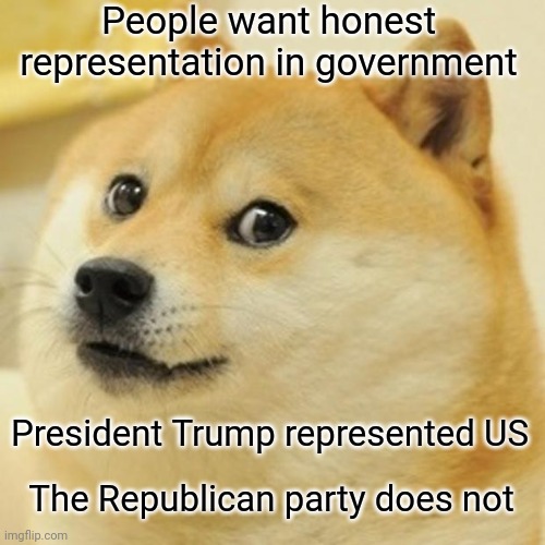 Doge Meme | People want honest representation in government President Trump represented US The Republican party does not | image tagged in memes,doge | made w/ Imgflip meme maker