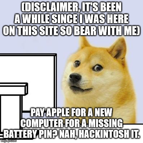 Hacker Doge | (DISCLAIMER, IT'S BEEN A WHILE SINCE I WAS HERE ON THIS SITE SO BEAR WITH ME); PAY APPLE FOR A NEW COMPUTER FOR A MISSING BATTERY PIN? NAH, HACKINTOSH IT. | image tagged in hacker doge | made w/ Imgflip meme maker