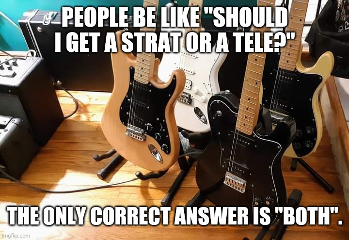 Which guitar should I get? | PEOPLE BE LIKE "SHOULD I GET A STRAT OR A TELE?"; THE ONLY CORRECT ANSWER IS "BOTH". | image tagged in guitar,guitars | made w/ Imgflip meme maker