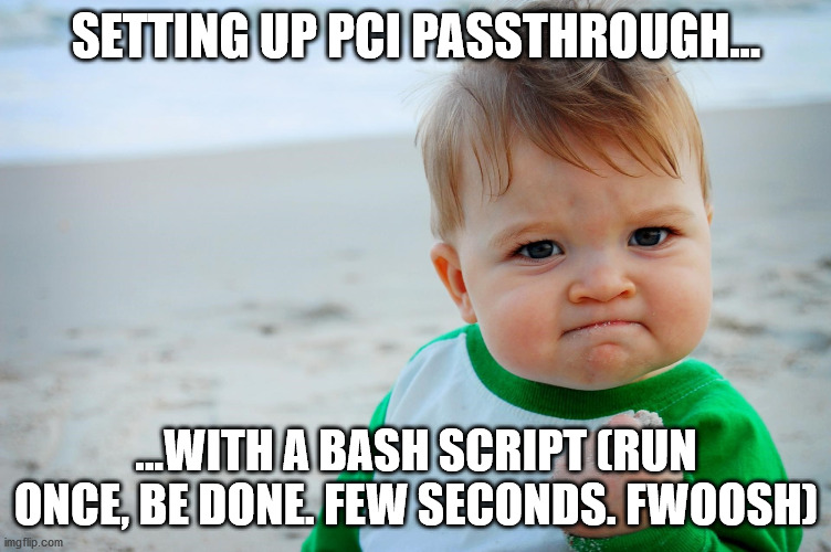 child yess | SETTING UP PCI PASSTHROUGH... ...WITH A BASH SCRIPT (RUN ONCE, BE DONE. FEW SECONDS. FWOOSH) | image tagged in child yess | made w/ Imgflip meme maker