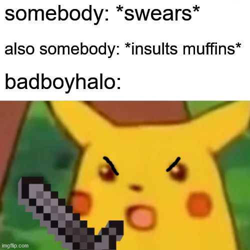 Badboyhalo in a nutshel | somebody: *swears*; also somebody: *insults muffins*; badboyhalo: | image tagged in surprised pikachu | made w/ Imgflip meme maker