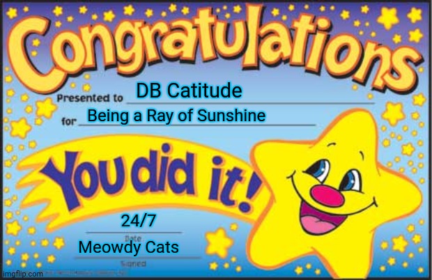 Happy Star Congratulations | DB Catitude; Being a Ray of Sunshine; 24/7; Meowdy Cats | image tagged in memes,happy star congratulations | made w/ Imgflip meme maker