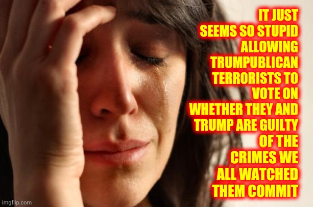 Foregone Conclusion | IT JUST SEEMS SO STUPID ALLOWING TRUMPUBLICAN TERRORISTS TO VOTE ON WHETHER THEY AND TRUMP ARE GUILTY; OF THE CRIMES WE ALL WATCHED THEM COMMIT | image tagged in memes,first world problems,trumpublicans,lock him up,trump impeachment,losers | made w/ Imgflip meme maker