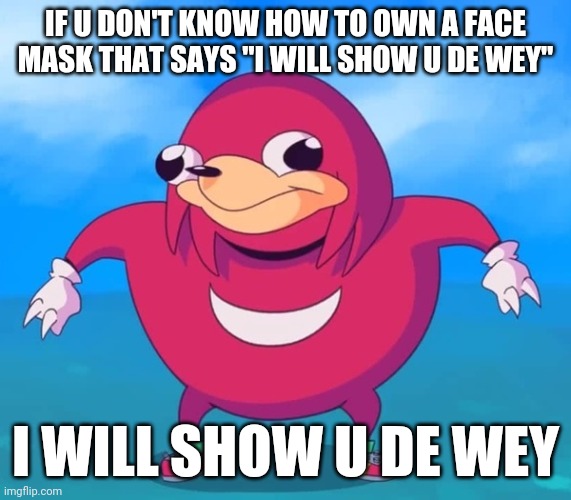 Ugandan Knuckles | IF U DON'T KNOW HOW TO OWN A FACE MASK THAT SAYS "I WILL SHOW U DE WEY"; I WILL SHOW U DE WEY | image tagged in ugandan knuckles,do you know da wae,memes,funny memes,face mask,da wae | made w/ Imgflip meme maker
