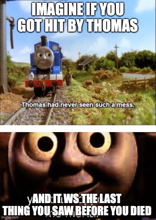 IMAGINE IF YOU GOT HIT BY THOMAS; AND IT WS THE LAST THING YOU SAW BEFORE YOU DIED | image tagged in thomas had never seen such a mess,you dare oppose me mortal | made w/ Imgflip meme maker