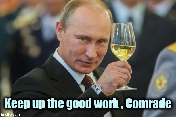 Putin Cheers | Keep up the good work , Comrade | image tagged in putin cheers | made w/ Imgflip meme maker