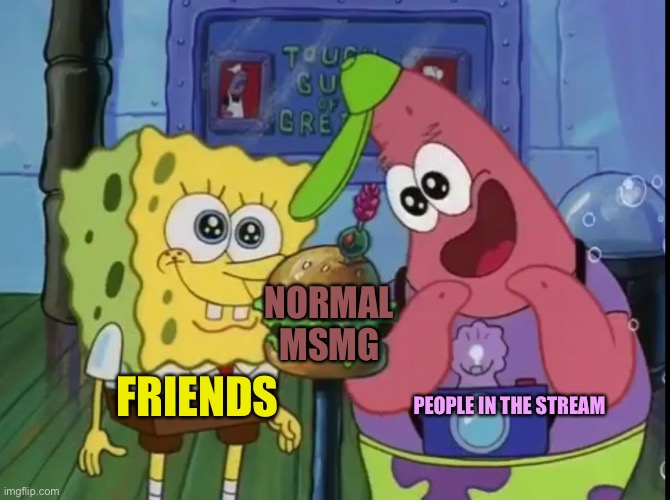Spongebob and Patrick looking happy | NORMAL MSMG; FRIENDS; PEOPLE IN THE STREAM | image tagged in spongebob and patrick looking happy | made w/ Imgflip meme maker