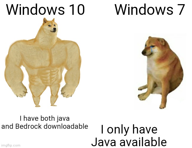 I'd choose windows 10 for minecraft | Windows 10; Windows 7; I have both java and Bedrock downloadable; I only have Java available | image tagged in memes,buff doge vs cheems | made w/ Imgflip meme maker