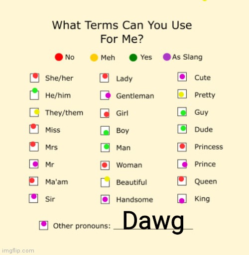 Pronouns Sheet | Dawg | image tagged in pronouns sheet | made w/ Imgflip meme maker