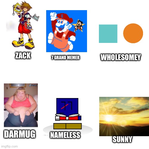 Part 3 of Imgflip personas being portrayed! | ZACK; 7 GRAND MEMER; WHOLESOMEY; DARMUG; NAMELESS; SUNNY | image tagged in memes,blank transparent square | made w/ Imgflip meme maker