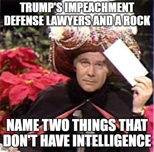 Johnny Carson Karnak Carnak | TRUMP'S IMPEACHMENT DEFENSE LAWYERS AND A ROCK; NAME TWO THINGS THAT DON'T HAVE INTELLIGENCE | image tagged in johnny carson karnak carnak | made w/ Imgflip meme maker