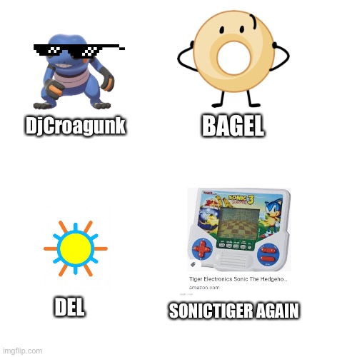 Part 4 | BAGEL; DjCroagunk; DEL; SONICTIGER AGAIN | image tagged in memes,blank transparent square | made w/ Imgflip meme maker