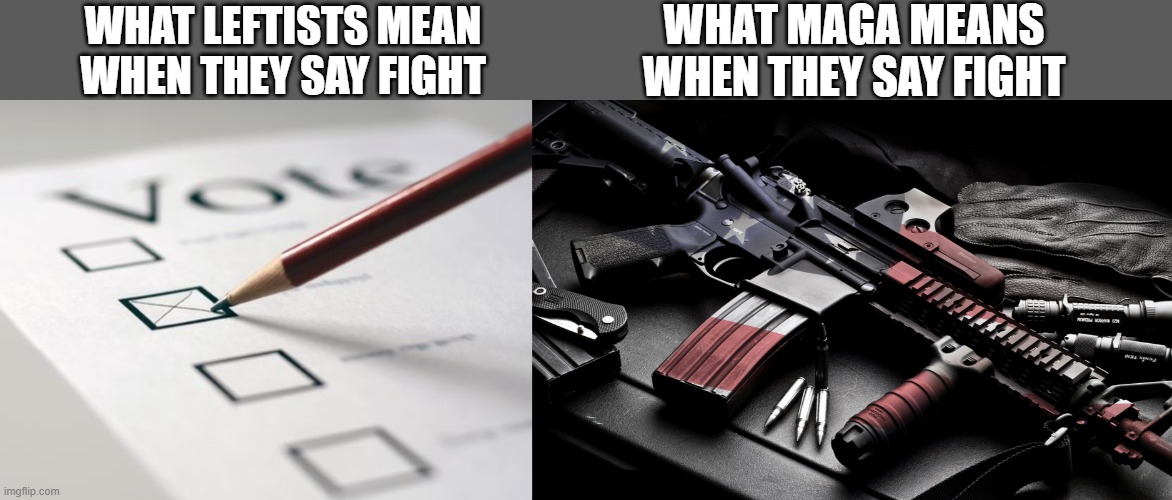 WHAT MAGA MEANS WHEN THEY SAY FIGHT; WHAT LEFTISTS MEAN WHEN THEY SAY FIGHT | image tagged in voting ballot,patriot ar-15 | made w/ Imgflip meme maker