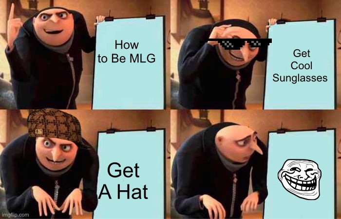 Gru is MLG | How to Be MLG; Get Cool Sunglasses; Get A Hat | image tagged in memes,gru's plan | made w/ Imgflip meme maker