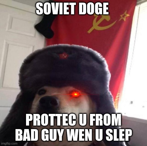 Russian Doge | SOVIET DOGE; PROTTEC U FROM BAD GUY WEN U SLEP | image tagged in russian doge | made w/ Imgflip meme maker