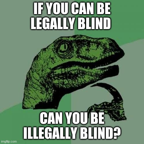 Good question | IF YOU CAN BE LEGALLY BLIND; CAN YOU BE ILLEGALLY BLIND? | image tagged in memes,philosoraptor,funny | made w/ Imgflip meme maker