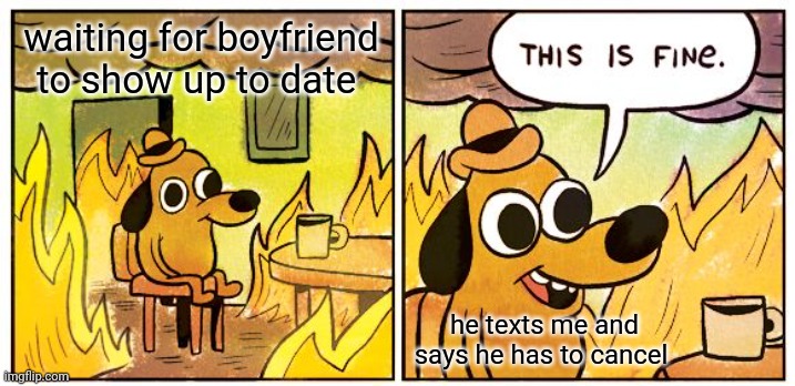 This Is Fine Meme | waiting for boyfriend to show up to date; he texts me and says he has to cancel | image tagged in memes,this is fine,funny,fun,weird | made w/ Imgflip meme maker