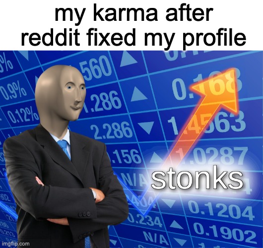 is it werid how my karma went from 60 to 7000 over night | my karma after reddit fixed my profile | image tagged in blank white template,stonks,reddit | made w/ Imgflip meme maker