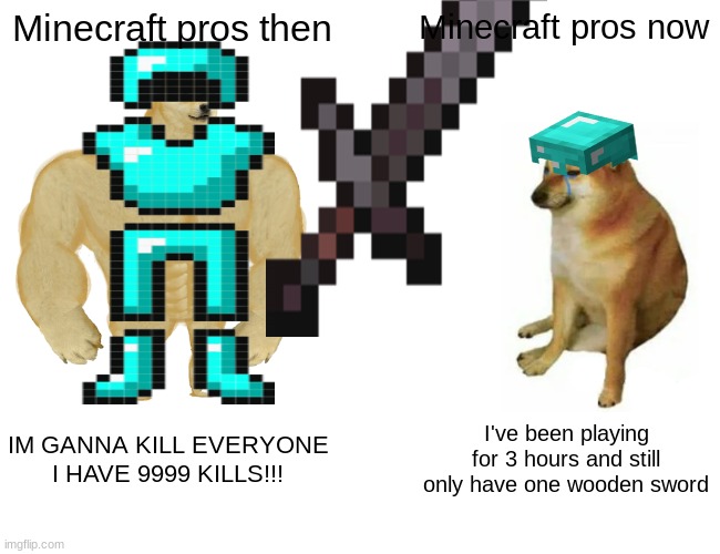 Buff Doge vs. Cheems | Minecraft pros then; Minecraft pros now; IM GANNA KILL EVERYONE I HAVE 9999 KILLS!!! I've been playing for 3 hours and still only have one wooden sword | image tagged in memes,buff doge vs cheems | made w/ Imgflip meme maker