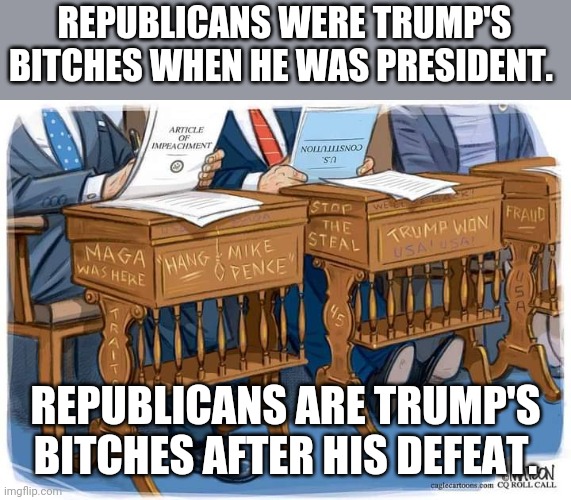 Republican bitches | REPUBLICANS WERE TRUMP'S BITCHES WHEN HE WAS PRESIDENT. REPUBLICANS ARE TRUMP'S BITCHES AFTER HIS DEFEAT. | image tagged in maga,conservatives,trump supporters,donald trump,election fraud | made w/ Imgflip meme maker