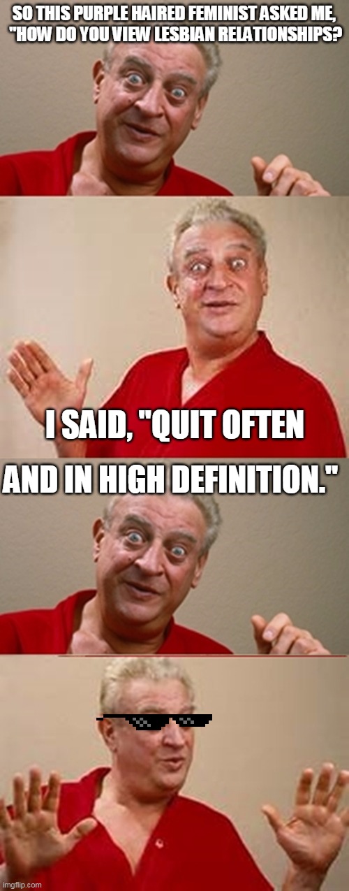 Bad Pun Rodney Dangerfield | SO THIS PURPLE HAIRED FEMINIST ASKED ME,
 "HOW DO YOU VIEW LESBIAN RELATIONSHIPS? AND IN HIGH DEFINITION." I SAID, "QUIT OFTEN | image tagged in bad pun rodney dangerfield | made w/ Imgflip meme maker