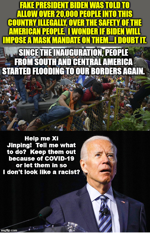 Travel has been severely limited because of COVID, but have a moron fake president who doesn't care about any of that. | FAKE PRESIDENT BIDEN WAS TOLD TO ALLOW OVER 20,000 PEOPLE INTO THIS COUNTRY ILLEGALLY, OVER THE SAFETY OF THE AMERICAN PEOPLE.  I WONDER IF BIDEN WILL IMPOSE A MASK MANDATE ON THEM....I DOUBT IT. | image tagged in covid,illegal immigration,fake president biden | made w/ Imgflip meme maker