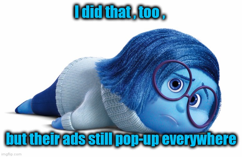 Sadness | I did that , too , but their ads still pop-up everywhere | image tagged in sadness | made w/ Imgflip meme maker