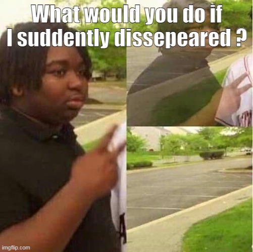 Not deleting, just dissepearing ( Like Shiyuyu, i miss her TnT ) | What would you do if I suddently dissepeared ? | image tagged in disappearing | made w/ Imgflip meme maker