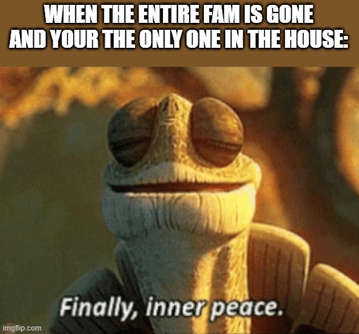 Finally, inner peace. | WHEN THE ENTIRE FAM IS GONE AND YOUR THE ONLY ONE IN THE HOUSE: | image tagged in finally inner peace,the fam,lil brother,my time has com,kaum fu panda | made w/ Imgflip meme maker