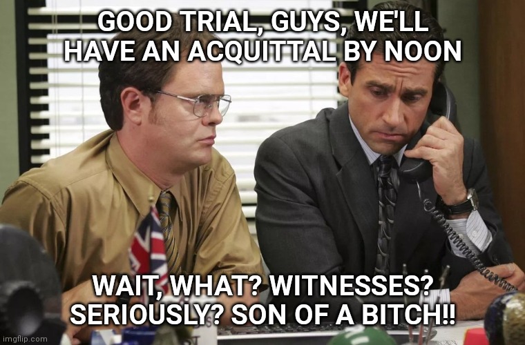 Trump Lawyers | GOOD TRIAL, GUYS, WE'LL HAVE AN ACQUITTAL BY NOON; WAIT, WHAT? WITNESSES? SERIOUSLY? SON OF A BITCH!! | image tagged in trump impeachment,the office | made w/ Imgflip meme maker