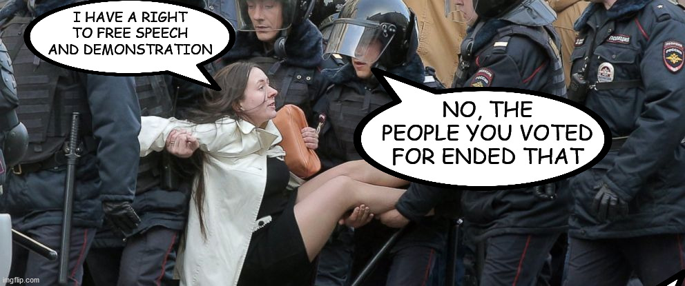 Rioter | I HAVE A RIGHT TO FREE SPEECH AND DEMONSTRATION; NO, THE PEOPLE YOU VOTED FOR ENDED THAT | image tagged in no free speech,rioter,demonstration,arrest | made w/ Imgflip meme maker