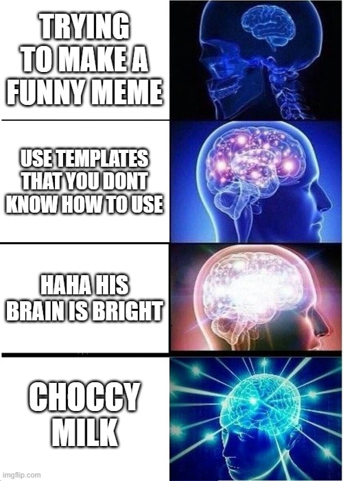 Expanding Brain Meme |  TRYING TO MAKE A FUNNY MEME; USE TEMPLATES THAT YOU DONT KNOW HOW TO USE; HAHA HIS BRAIN IS BRIGHT; CHOCCY MILK | image tagged in memes,expanding brain | made w/ Imgflip meme maker