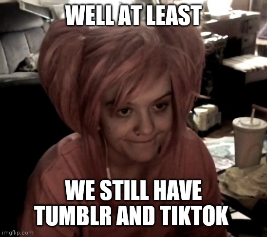 Uneccentric eGirl | WELL AT LEAST; WE STILL HAVE TUMBLR AND TIKTOK | image tagged in uneccentric egirl,memes | made w/ Imgflip meme maker